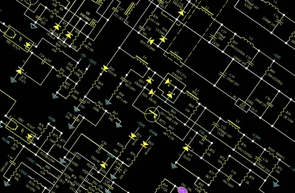 Diagrama Con Circuitos Electrónicos Sobre Fondo Negro —  Fotos de Stock