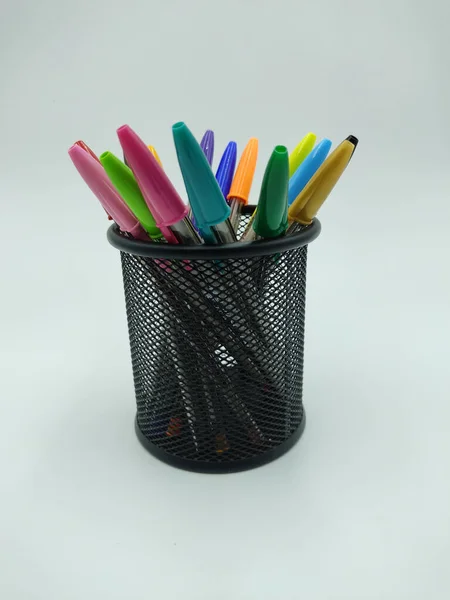 Closeup Shot Colorful Pens Basket Isolated Background — Stock Photo, Image