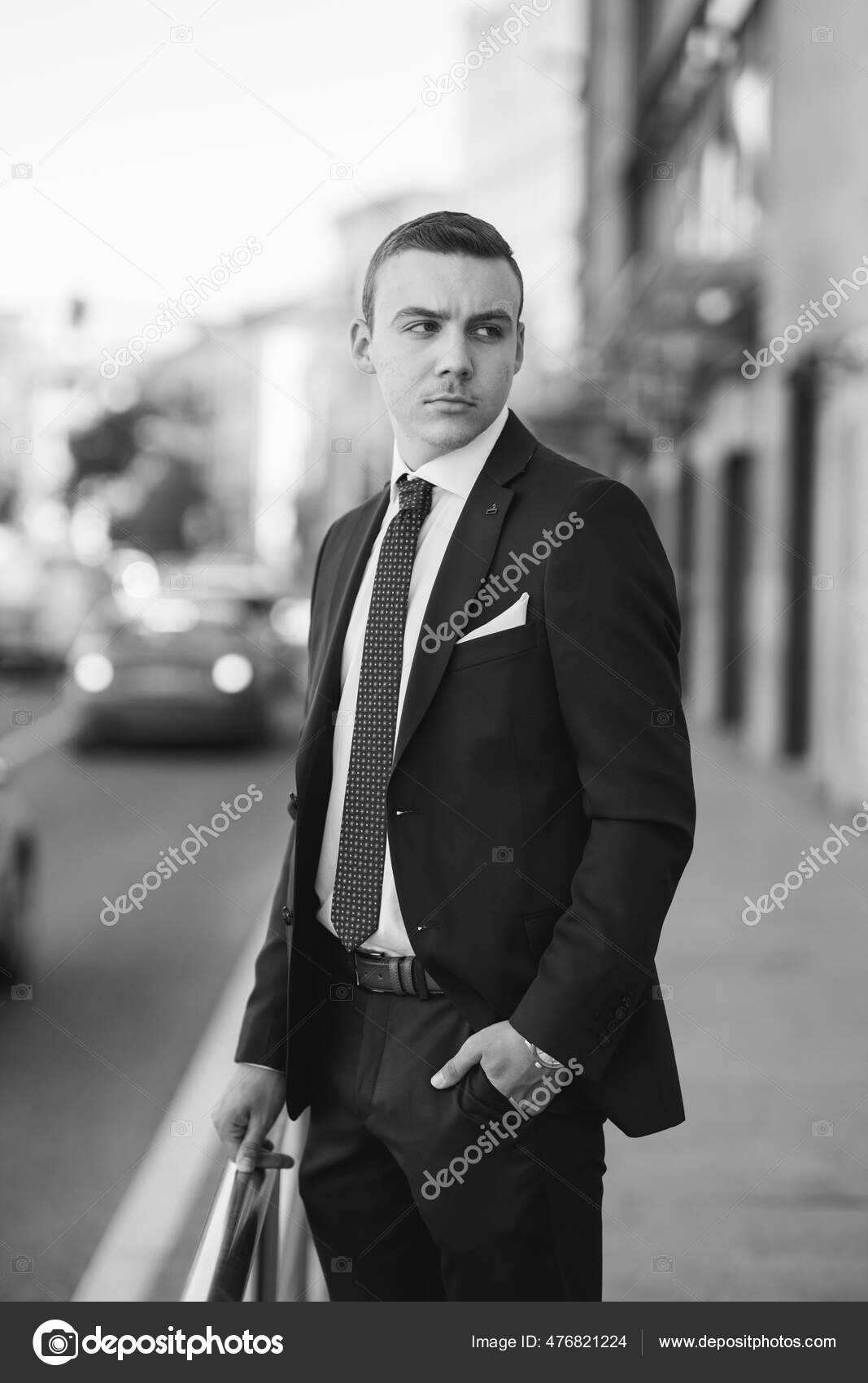 Grayscale Confident Caucasian Young Man Blue Suit Posing.