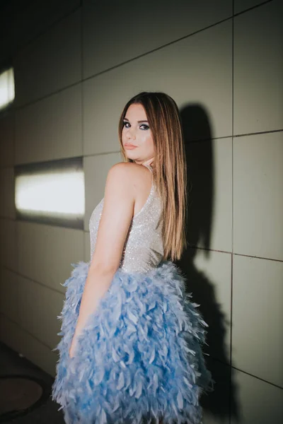 Attractive Female Posing Blue Dress Feathers Wall — Stock Photo, Image