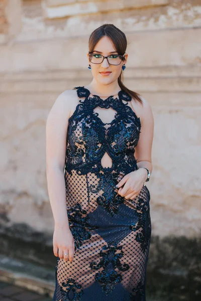 Young Caucasian Female Cream Dress Black Lace Posing Background Old — ストック写真