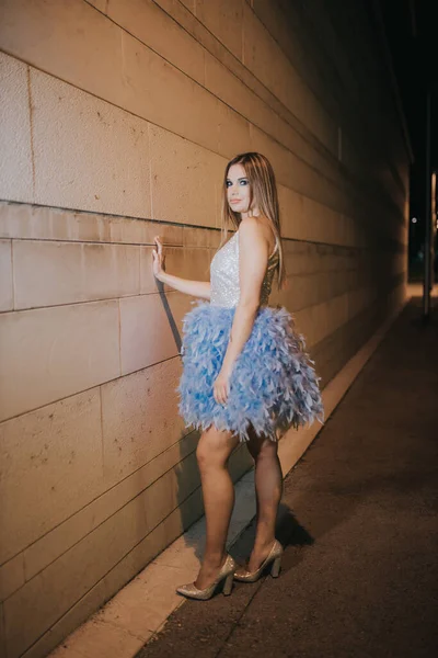 Attractive Female Posing Blue Dress Feathers Wall — Stock Photo, Image