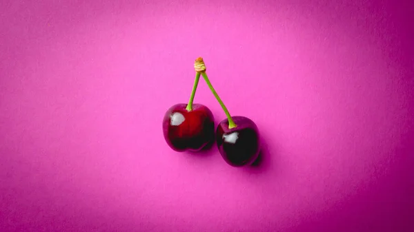 Closeup Shot Fresh Juicy Cherries Isolated Pink Background — Stok fotoğraf