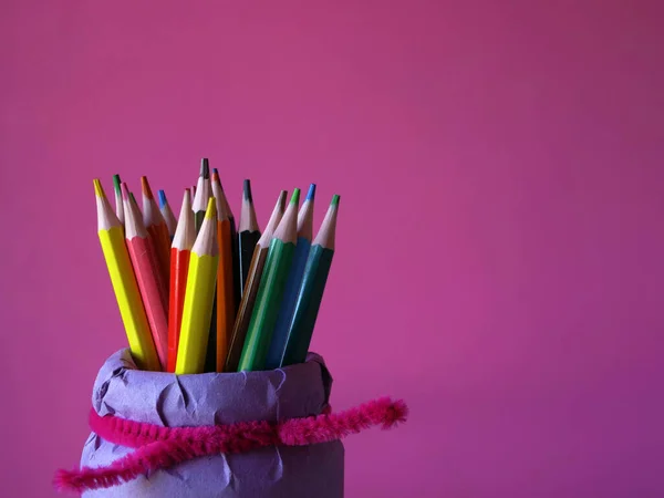 Pencils Homemade Holder Colorful Medium Shot — Stock Photo, Image