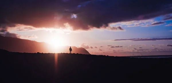 Panoramic Silhouette Girl Standing Cliff Colorful Cloudy Sunset Sky — Stock Photo, Image