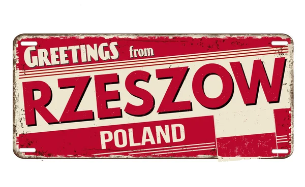 Ένα Κόκκινο Χαιρετισμούς Από Rzeszow Vintage Μεταλλική Πλάκα Λευκό Φόντο — Φωτογραφία Αρχείου