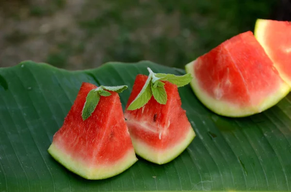 Closeup Shot Red Ripe Watermelons Mint Leaves Blurred Background — Stock Photo, Image