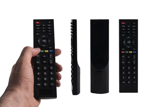 Hand Holding Remote Control Different Views Black Remote Control Isolated — Stock Photo, Image