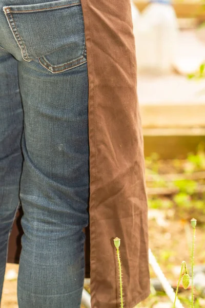 Colpo Verticale Giardiniere Donna Che Indossa Grembiule Giardinaggio Jeans Giardino — Foto Stock