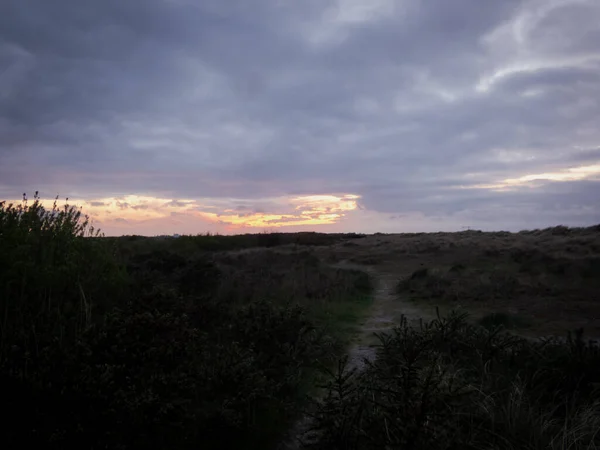 Прекрасний Вид Темне Небо Хмарного Заходу Сонця Над Зеленим Полем — стокове фото