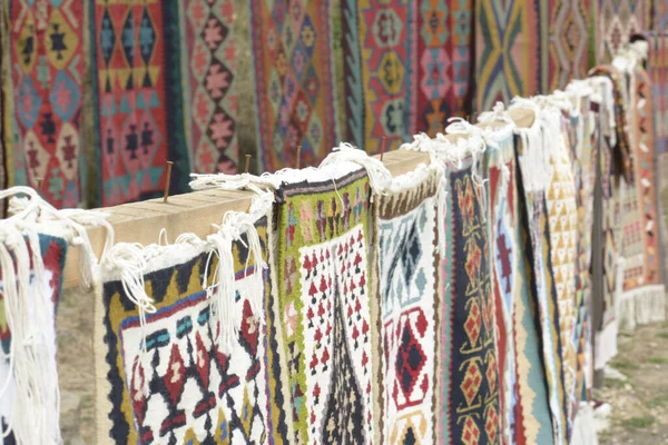 Colorful Oriental Iranian Rugs Kilim Traditional Folk Geometric Patterns Presented — Stock Photo, Image
