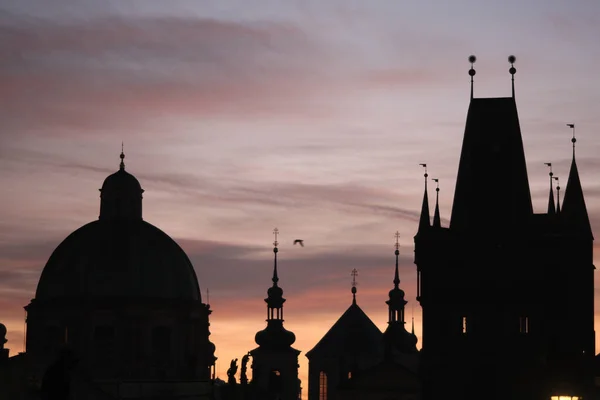 Silueta Los Edificios Praga Contra Cielo Del Amanecer — Foto de Stock