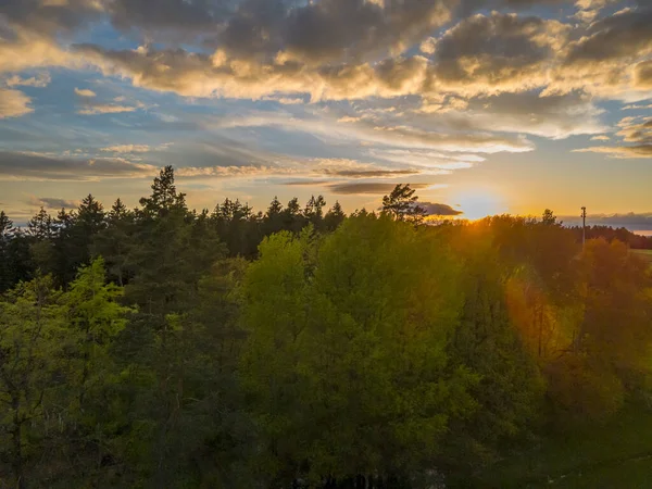 Tiro Aéreo Floresta Montanhosa Cênica Sksunset Nublado — Fotografia de Stock