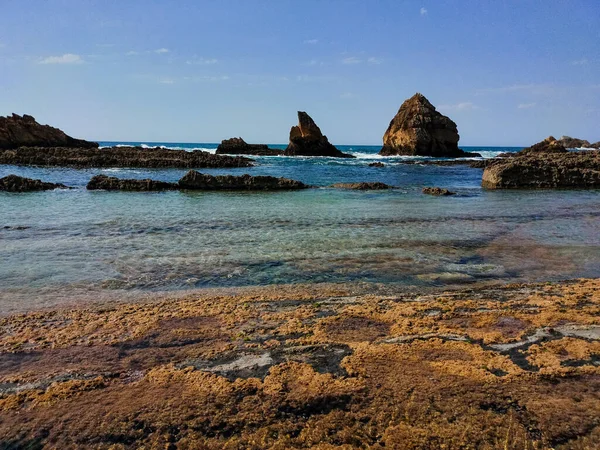 在阳光灿烂的日子里 一个岩石般的海岸和蓝色的大海 — 图库照片