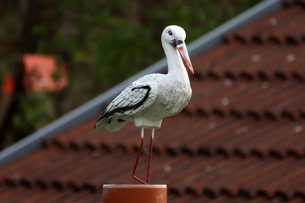 Decorative Plastic Stork Garden Tile Roof Background — Stock Photo, Image