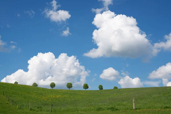 Panoramic Landscape Meadow Clouds Blue Sky Spring Bergisches Land Germany — стоковое фото