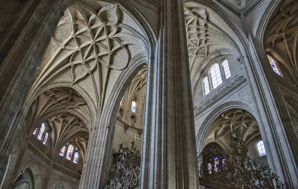 西班牙塞戈维亚大教堂内的一个低角度的十字架和拱顶镜头 — 图库照片