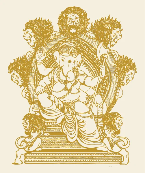 Drawing Sketch Lord Ganesha Sitting Throne Lions Heads — Stockfoto
