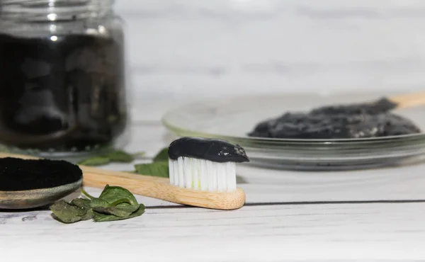 Group Natural Ingredients Prepare Toothpaste Activated Carbon — Foto de Stock