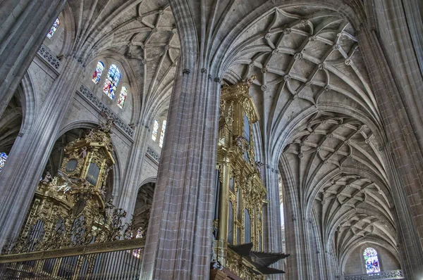 Closeup Shot Majestic Wind Organ Golden Tones Segovia Cathedral Spain — Stockfoto