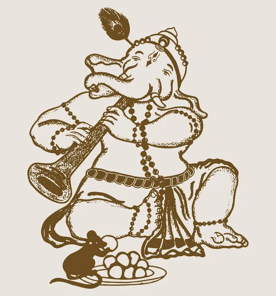 Drawing Sketch Lord Ganesha Playing Clarinet Isolated White Background — Photo