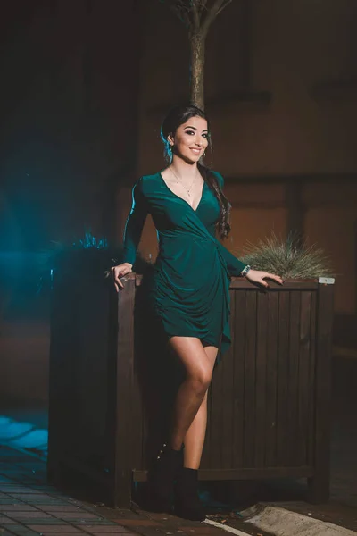 Uma Jovem Mulher Bósnia Herzegovina Vestido Elegante Verde Apoiando Grande — Fotografia de Stock