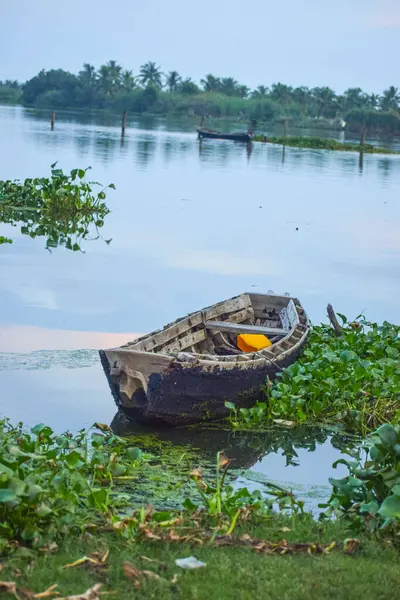 Vertical Shot Wooden Boat Lake — Photo