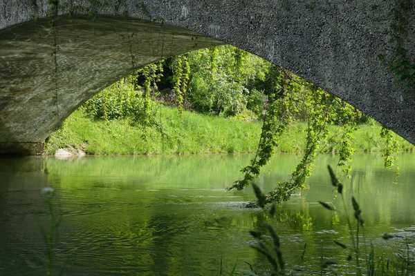 Uma Bela Vista Uma Ponte Arco Concreto Sobre Lago Cercado — Fotografia de Stock