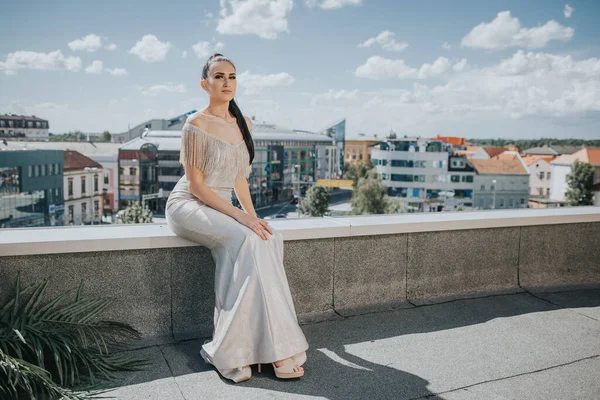 Adult Woman Wearing Elegant Dress Sitting Roof Wall Bosnia Herzegovina — 스톡 사진