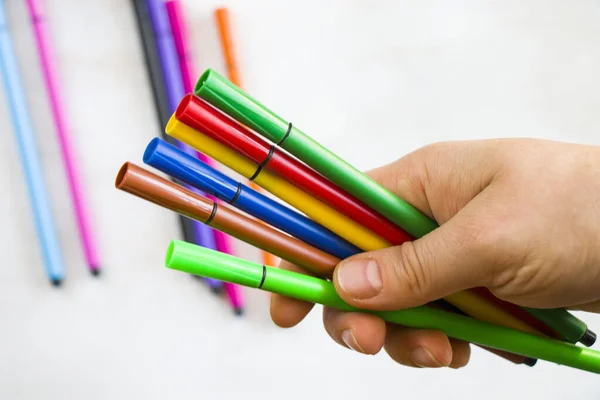 Closeup Shot Hand Holding Colorful Markers — 图库照片