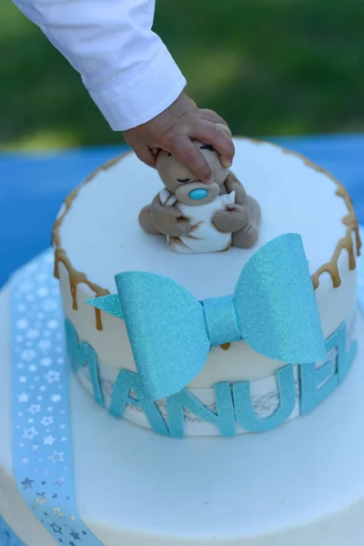 Kid Touching Bear Birthday Cake — 스톡 사진