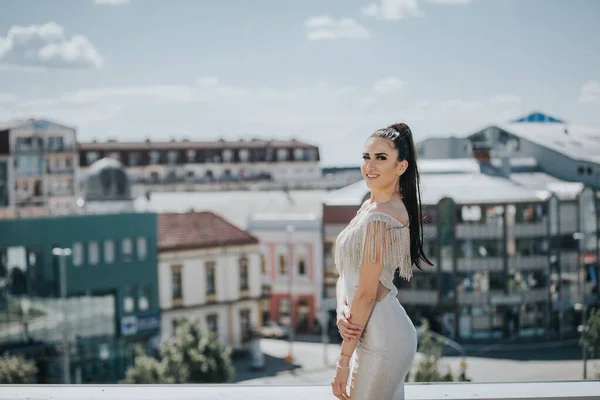 Adult Woman Wearing Elegant Dress Event Rooftop Bosnia Herzegovina — 스톡 사진