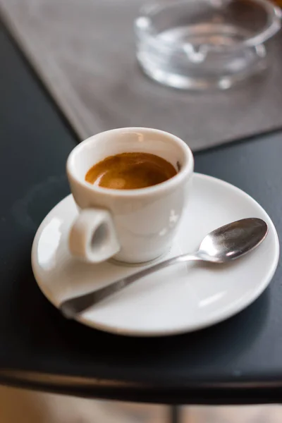 Vertical Shot Cup Delicious Espresso Spoon Black Table — Stok fotoğraf