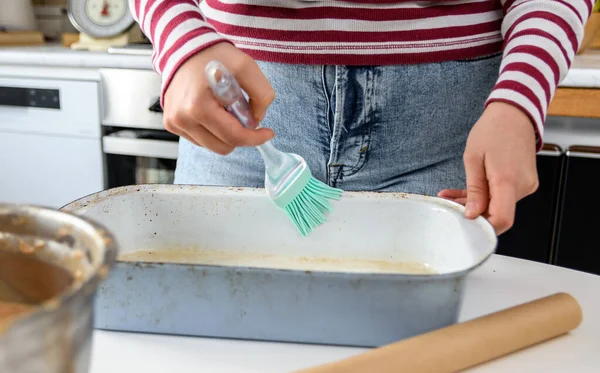 Midsection Image Woman Using Kitchen Utensil Grease Cake Pan Person — 스톡 사진