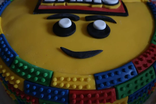 Closeup Colorful Children Cake Smiley Face Toys — Foto de Stock