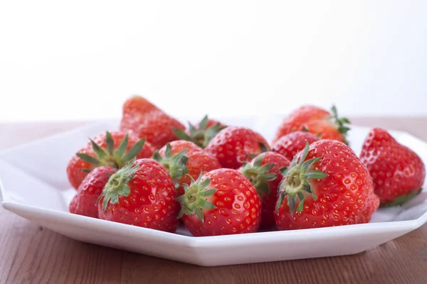 Fresh Red Strawberries Plate Wooden Table —  Fotos de Stock