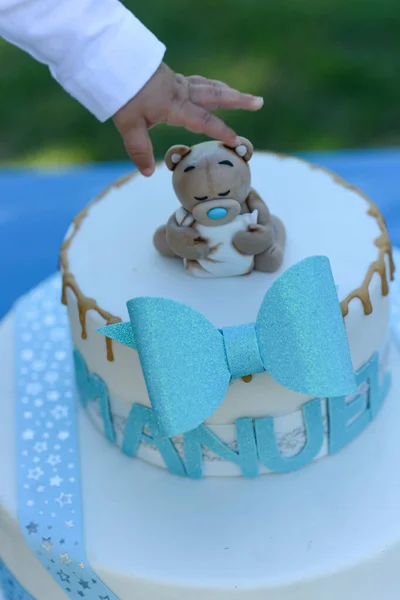 Kid Touching Bear Birthday Cake — ストック写真