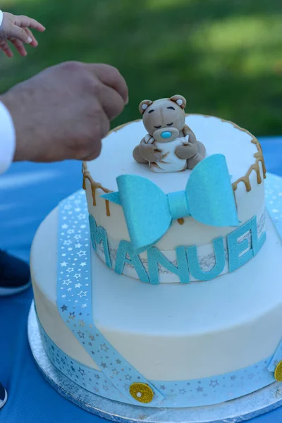 Kid Touching Bear Birthday Cake — 스톡 사진