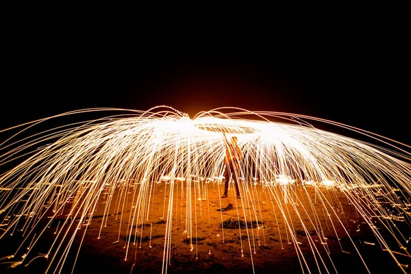 Spinning Fire Sparks Flying Everywhere — Fotografia de Stock