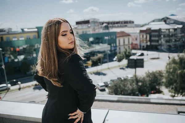 Young Female Classic Outfit Posing Rooftop — 스톡 사진