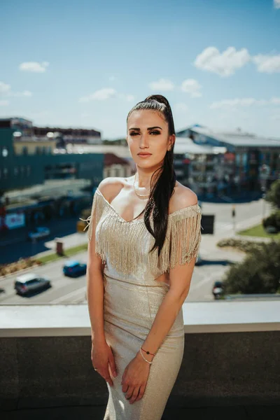 Young Sexy Female Wearing Luxury Evening Dress — Stock Photo, Image