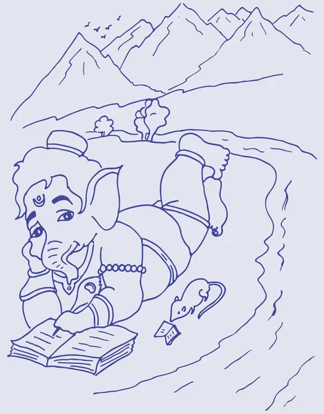 Drawing Sketch Lord Ganesha Lying River While Writing — Zdjęcie stockowe