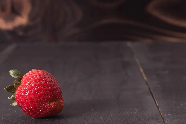 Selective Focus Shot Strawberry Dark Wooden Surface — Stock Photo, Image