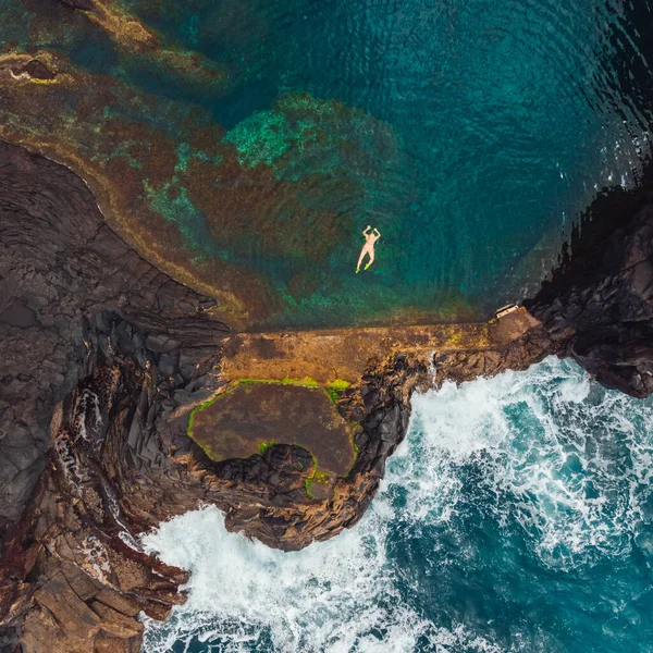 Aerial View Female Swimsuit Lying Blue Water Rocky Coasts — Stock Photo, Image