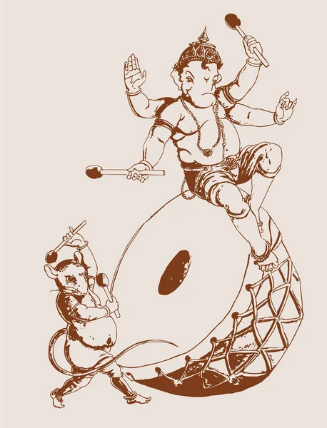 Drawing Sketch Lord Ganesha Sitting While Playing Drum Rat — Stok fotoğraf