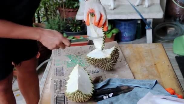 Hombre Cortando Pelando Frutos Durianos Mesa — Vídeo de stock