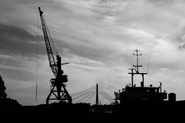 Grayscale Shot Crane Factory Background Cloudy Sky — Stockfoto