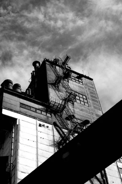 Grayscale Záběr Stavbu Pozadí Zatažené Oblohy — Stock fotografie