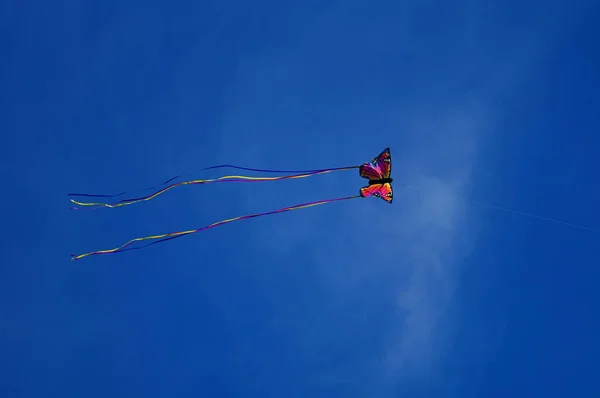 嵐の日は凧揚げを奨励します ここには嵐の雲が散在する青い空に対する蝶 — ストック写真