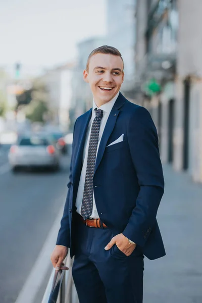 Caucasian Young Businessman Suit Tie Standing Outdoor — 스톡 사진